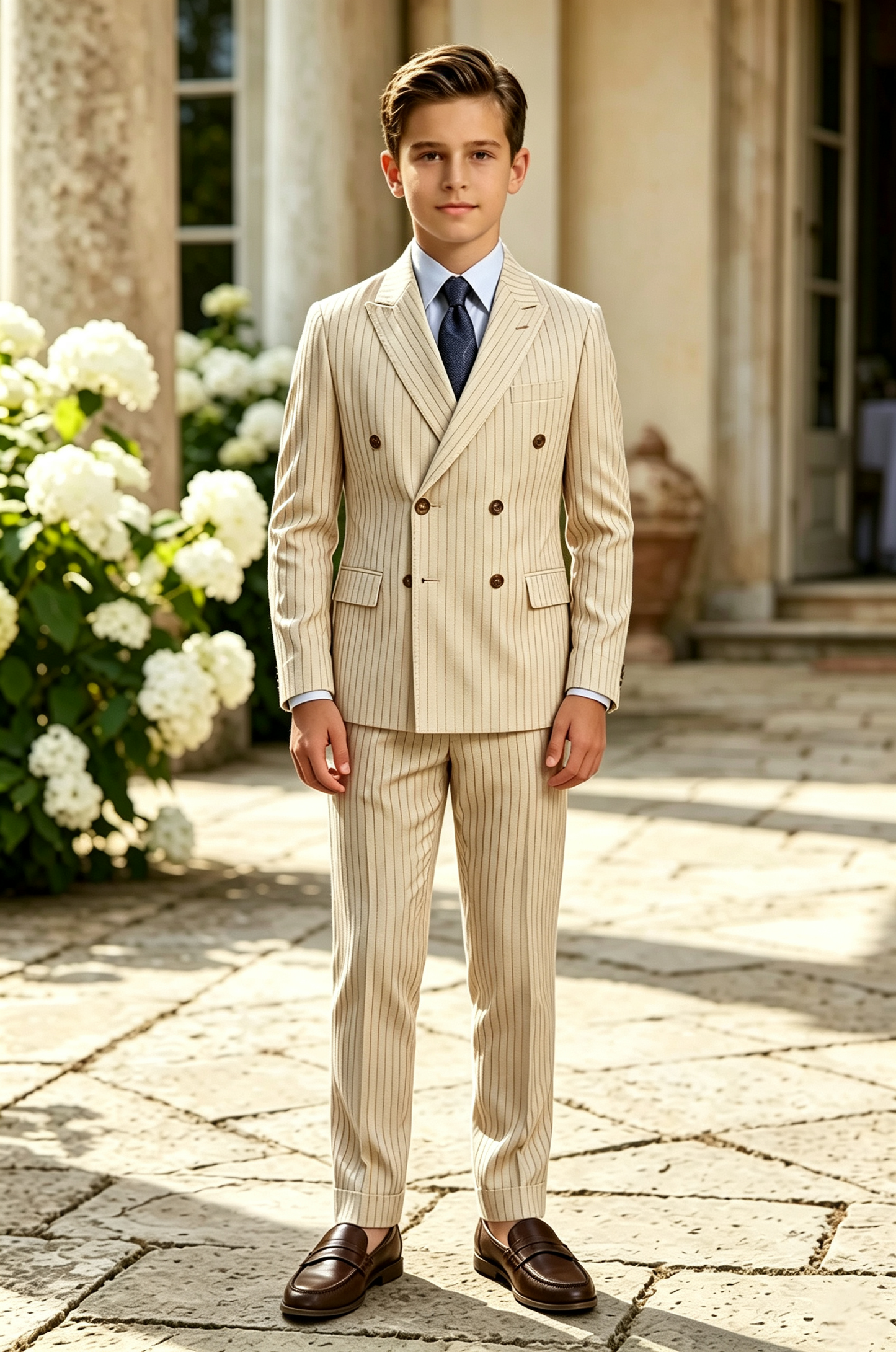 Beige Striped Serge‑Blend Double‑Breasted 2‑Piece Suit