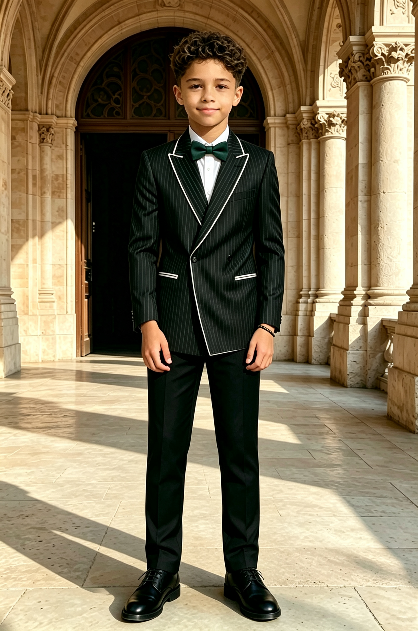 Dark Night Green Striped Serge Blend White Piped Trim Double‑Breasted 2‑Piece Suit