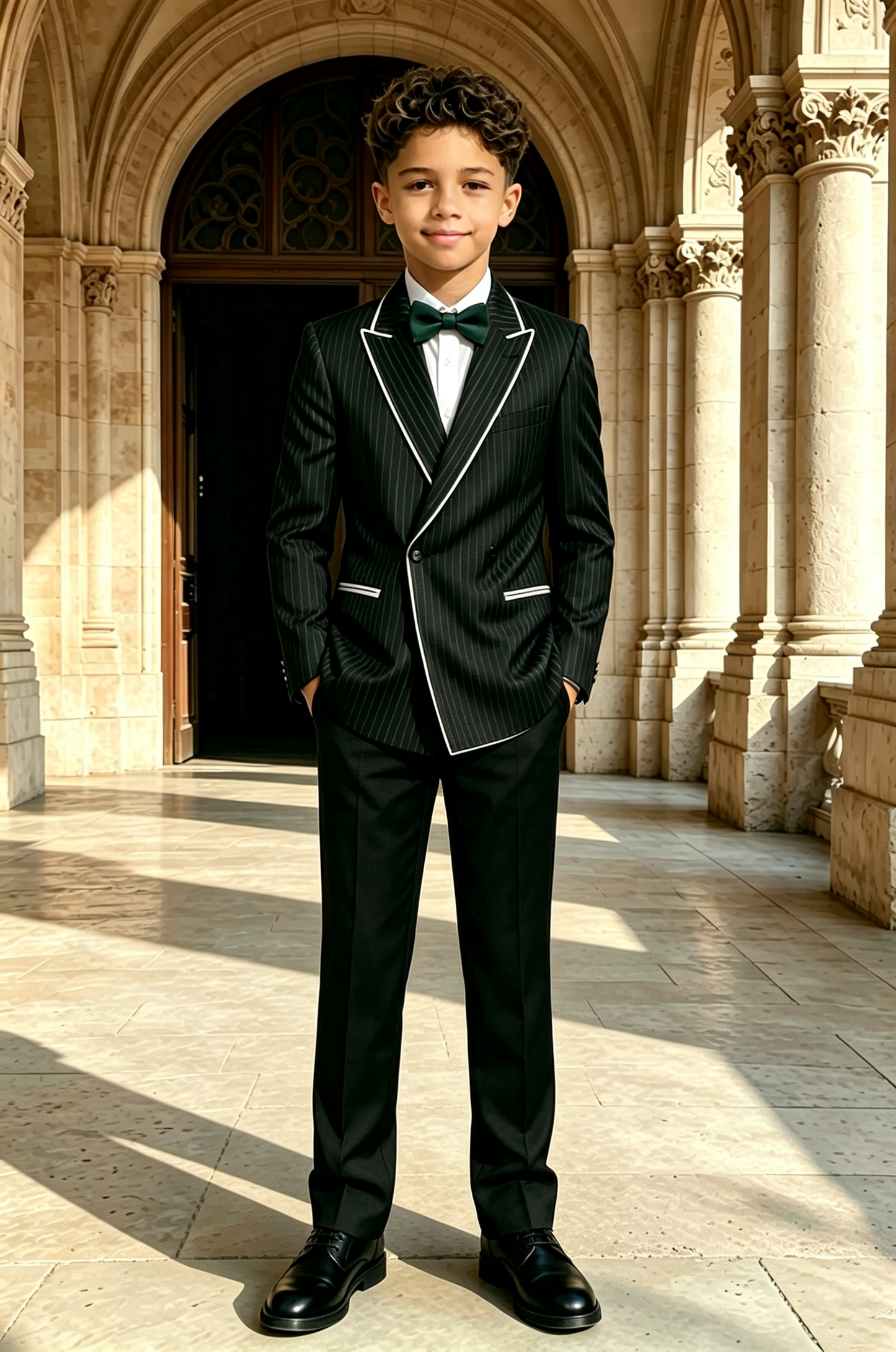 Dark Night Green Striped Serge Blend White Piped Trim Double‑Breasted 2‑Piece Suit