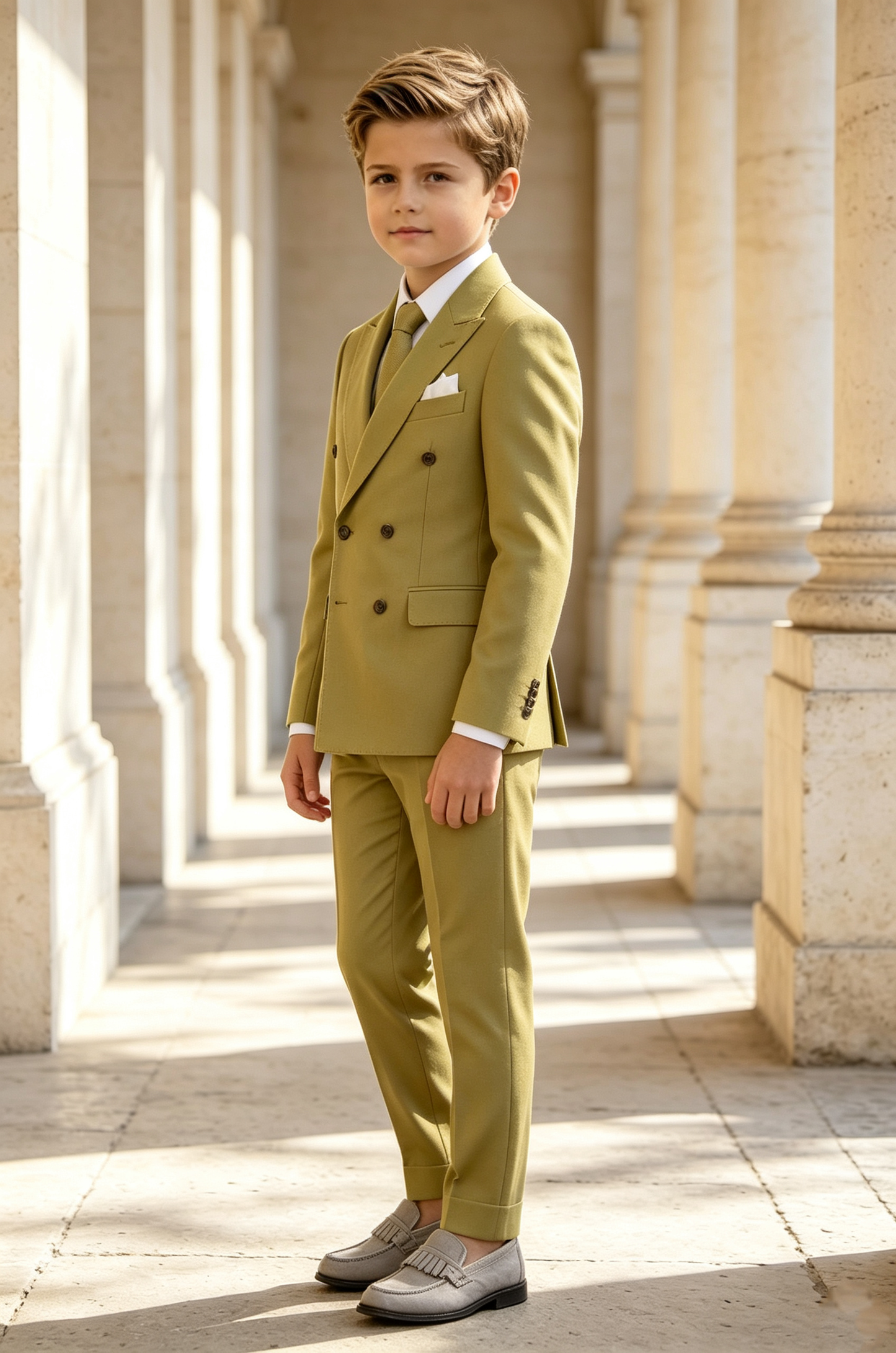 Yellow Green Serge‑Blend Boys Double‑Breasted 2‑Piece Suit
