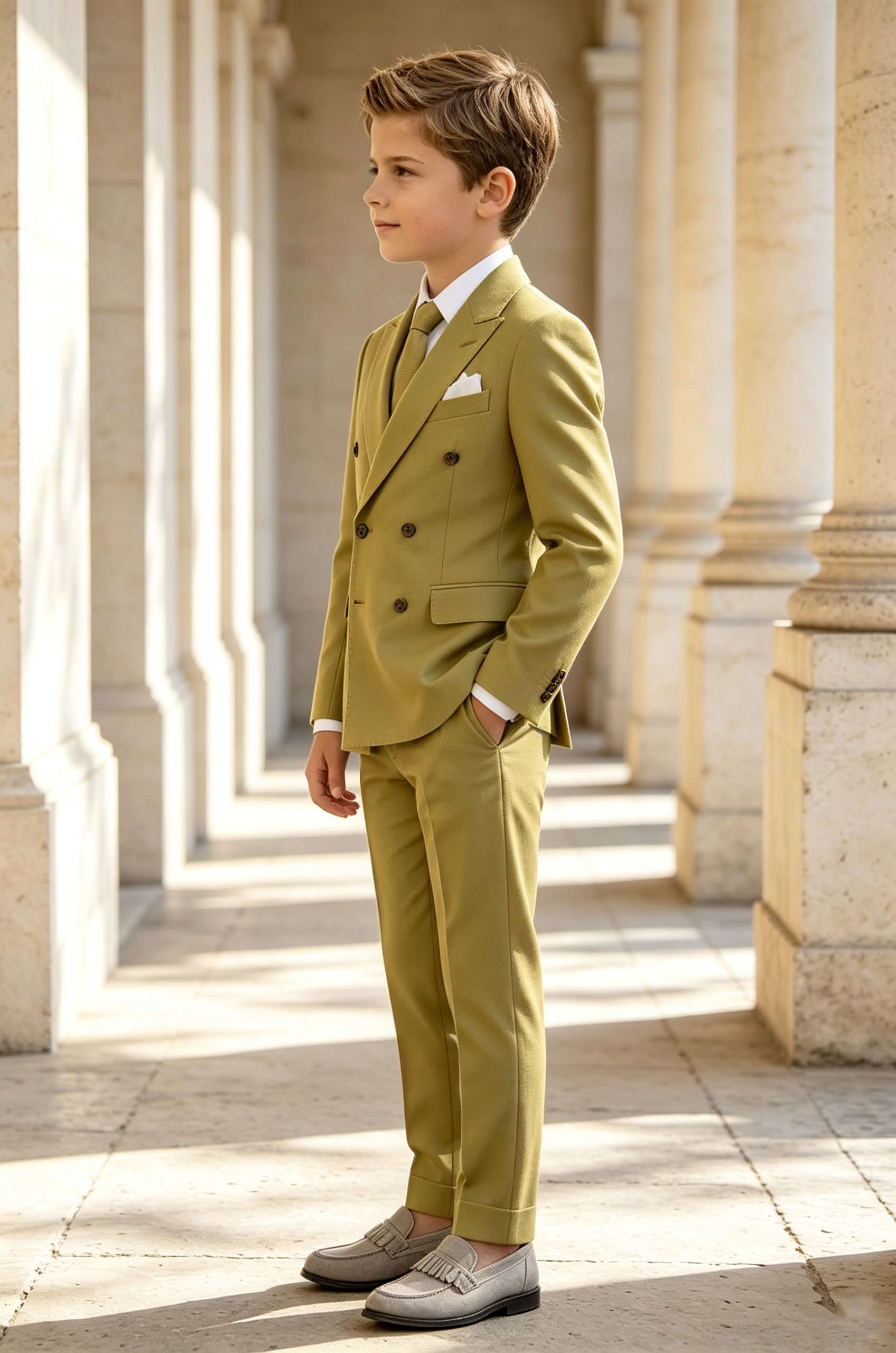 Yellow Green Serge‑Blend Boys Double‑Breasted 2‑Piece Suit