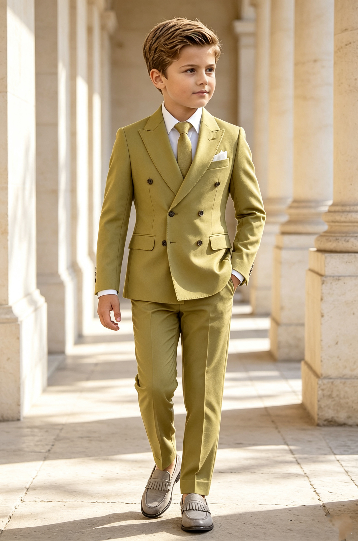 Yellow Green Serge‑Blend Boys Double‑Breasted 2‑Piece Suit