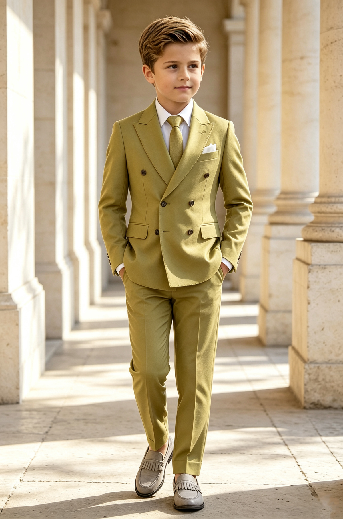 Yellow Green Serge‑Blend Boys Double‑Breasted 2‑Piece Suit