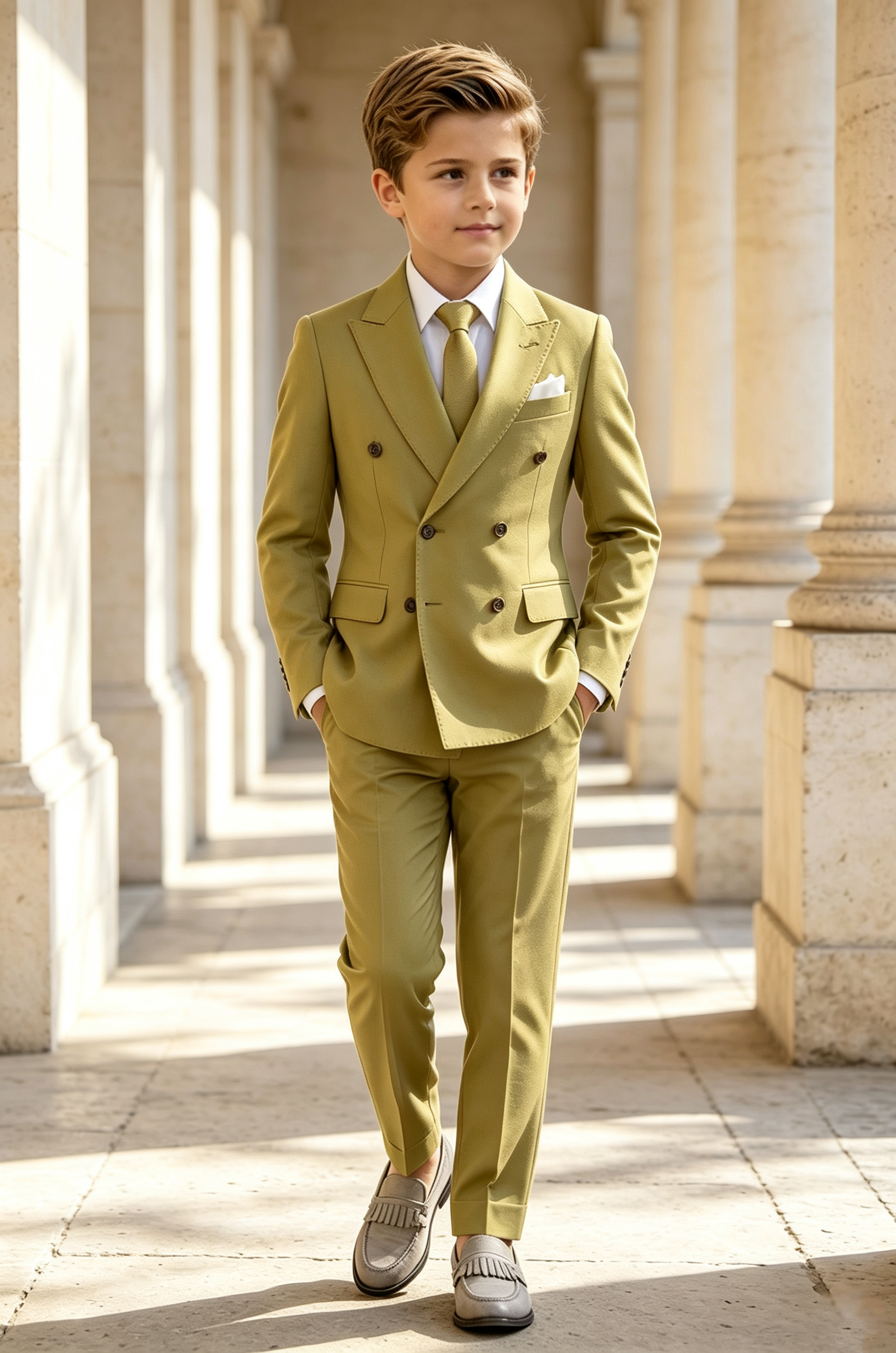 Yellow Green Serge‑Blend Boys Double‑Breasted 2‑Piece Suit