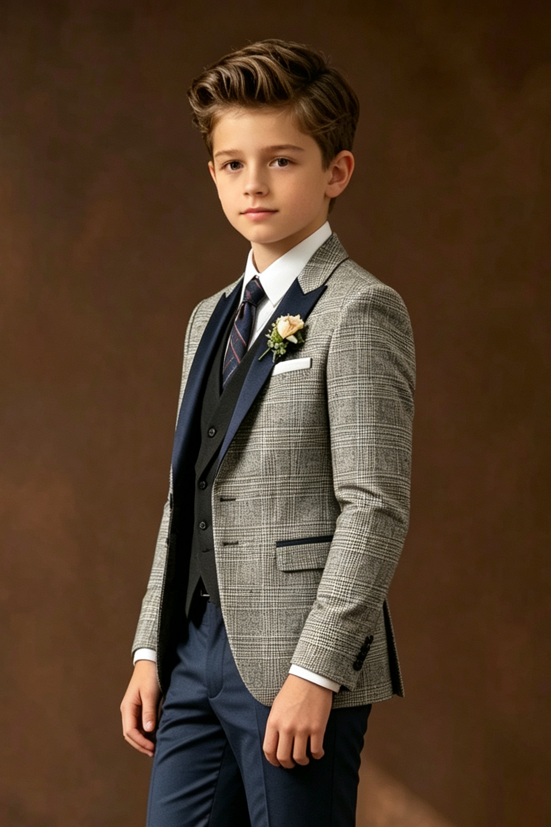 Light Grey Plaid Serge‑Blend Navy‑Blue Satin Lapels Suit Jacket