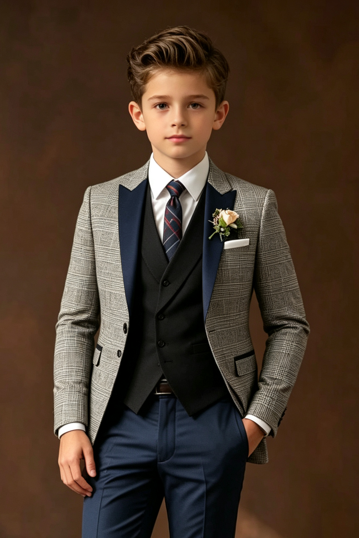 Light Grey Plaid Serge‑Blend Navy‑Blue Satin Lapels Suit Jacket