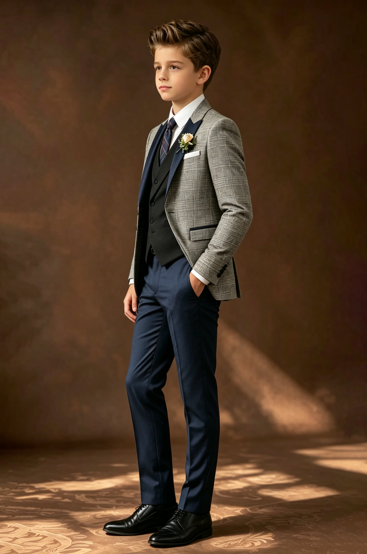 Light Grey Plaid Serge‑Blend Navy‑Blue Satin Lapels Suit Jacket