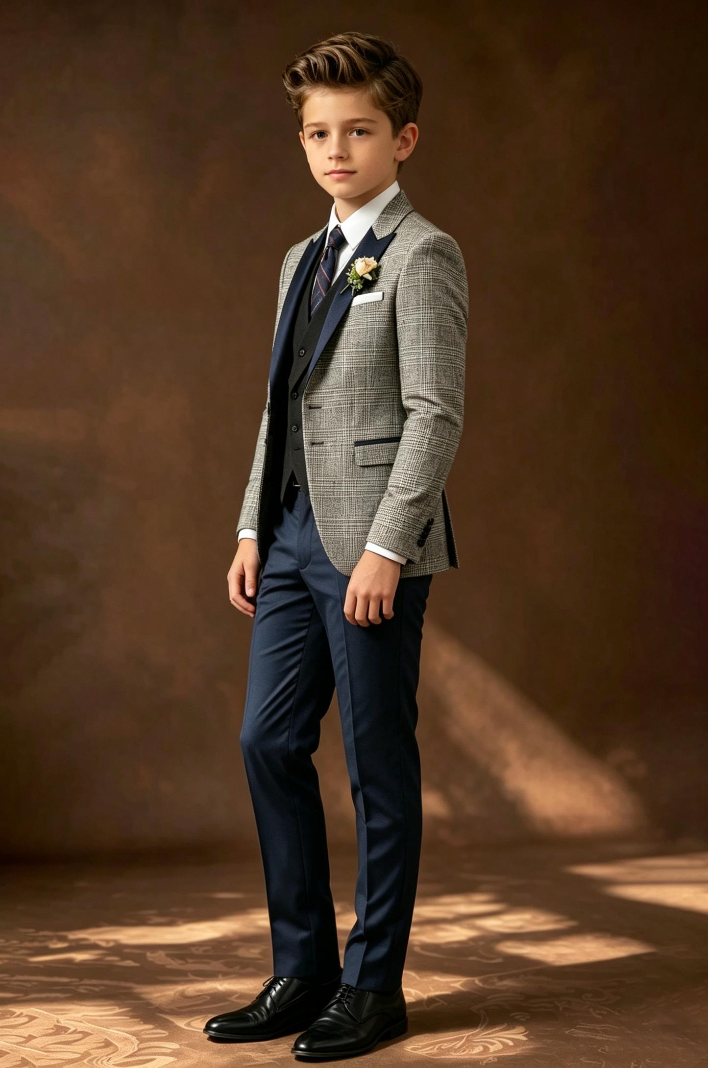 Light Grey Plaid Serge‑Blend Navy‑Blue Satin Lapels Suit Jacket
