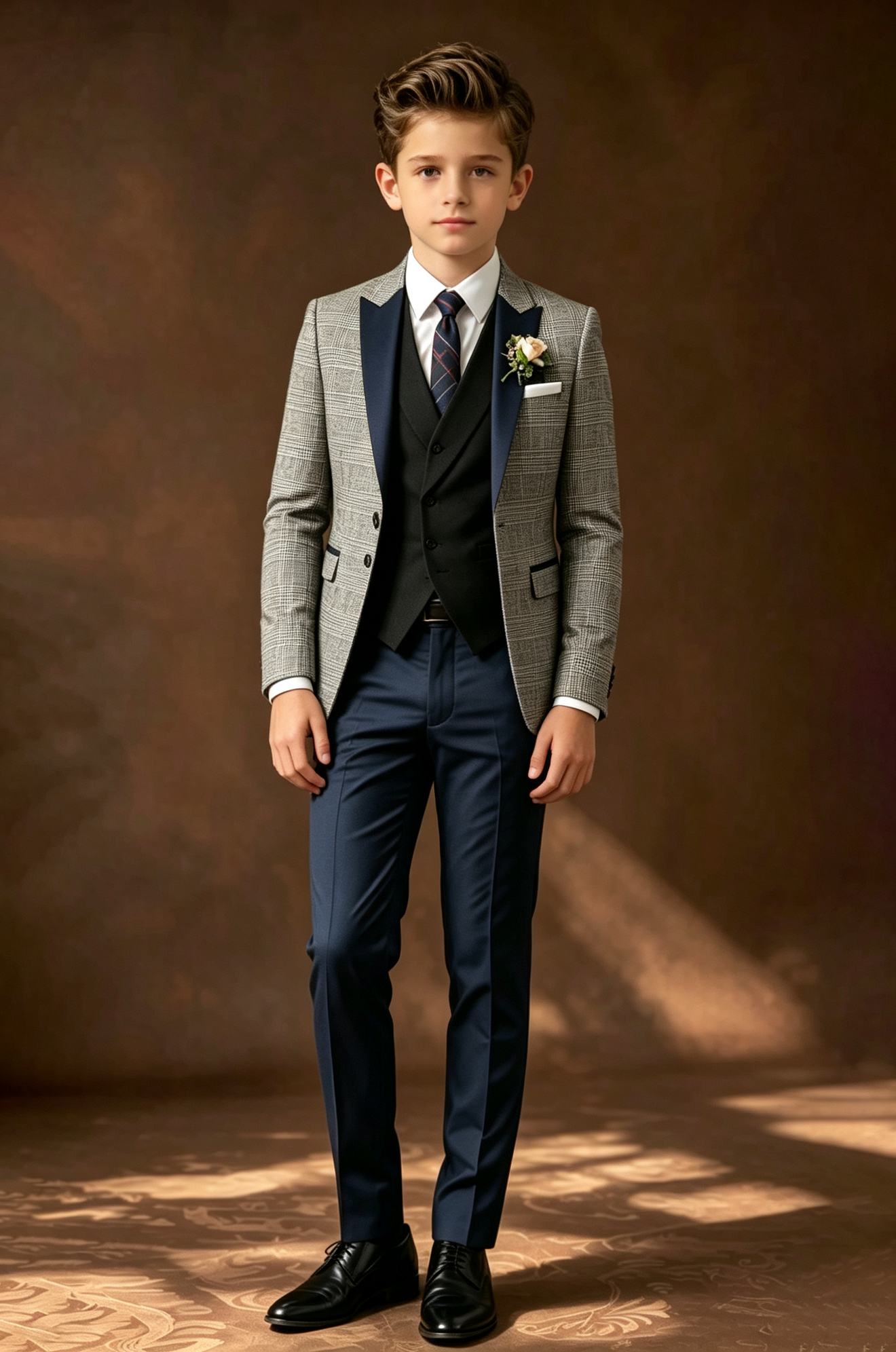 Light Grey Plaid Serge‑Blend Navy‑Blue Satin Lapels Suit Jacket