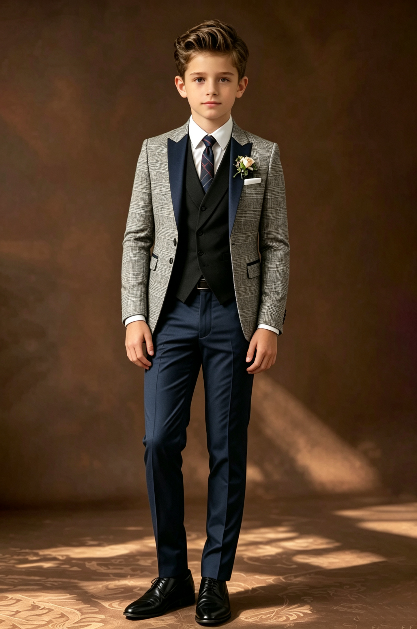 Light Grey Plaid Serge‑Blend Navy‑Blue Satin Lapels Suit Jacket