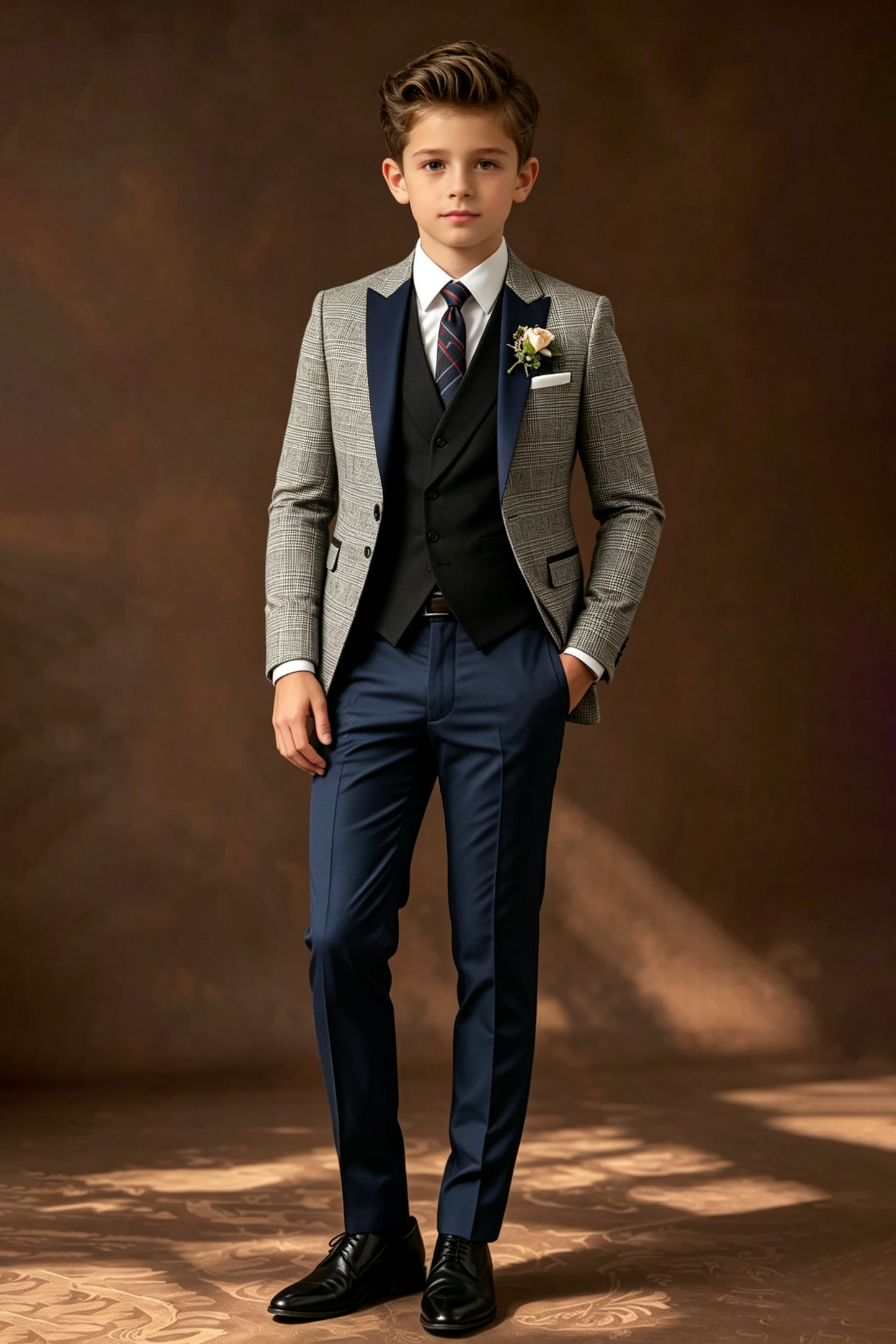Light Grey Plaid Serge‑Blend Navy‑Blue Satin Lapels Suit Jacket