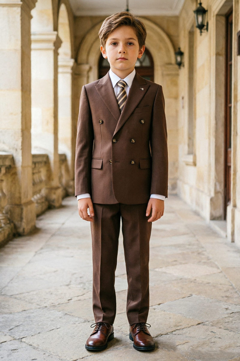 Boys Brown Double‑Breasted 2‑Piece  Suit for Weddings