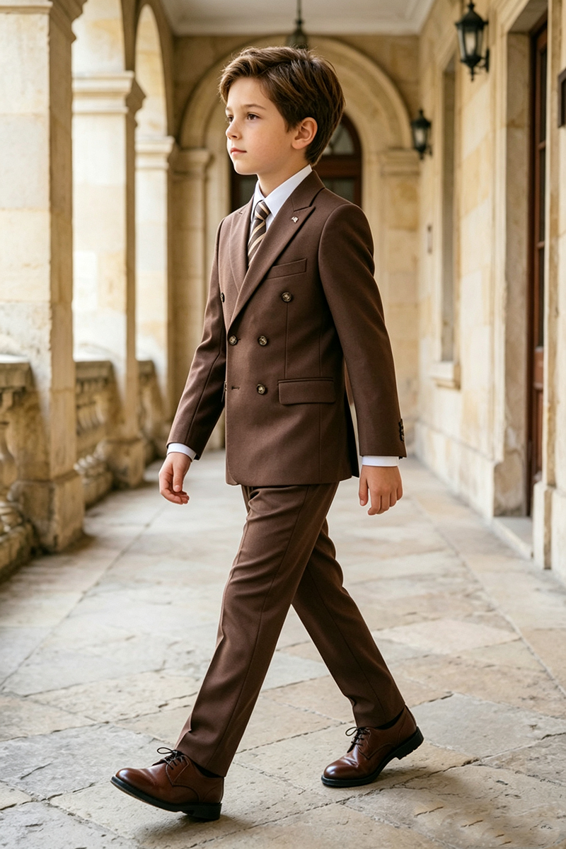 Boys Brown Double‑Breasted 2‑Piece  Suit for Weddings