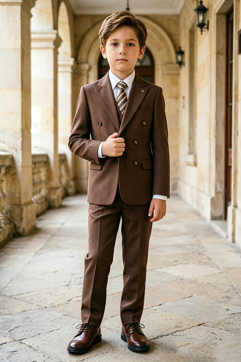 Boys Brown Double‑Breasted 2‑Piece  Suit for Weddings