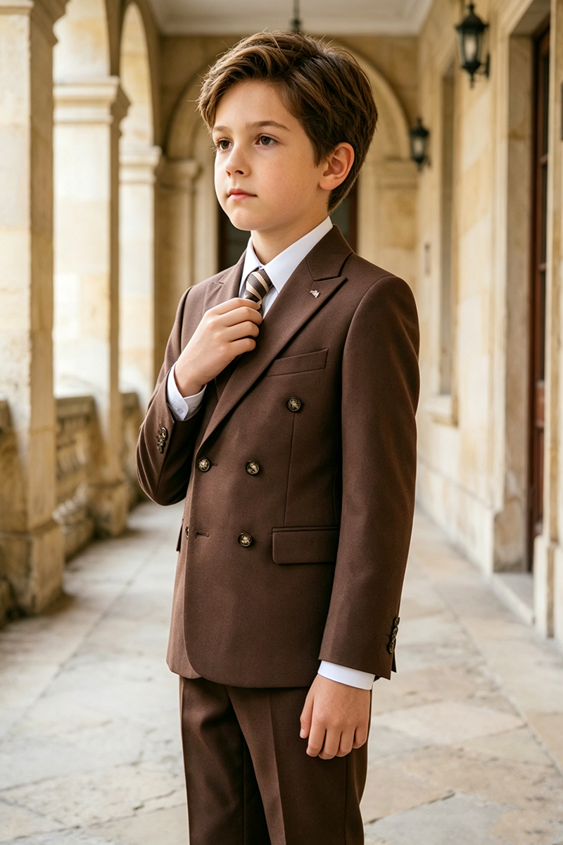 Boys Brown Double‑Breasted 2‑Piece  Suit for Weddings