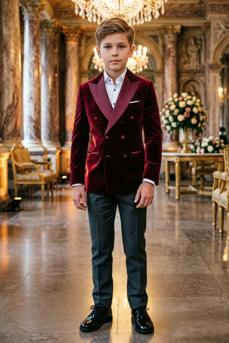 Boys Burgundy Velvet Tuxedo with Satin Shawl Lapel 2‑Piece Suit for Weddings