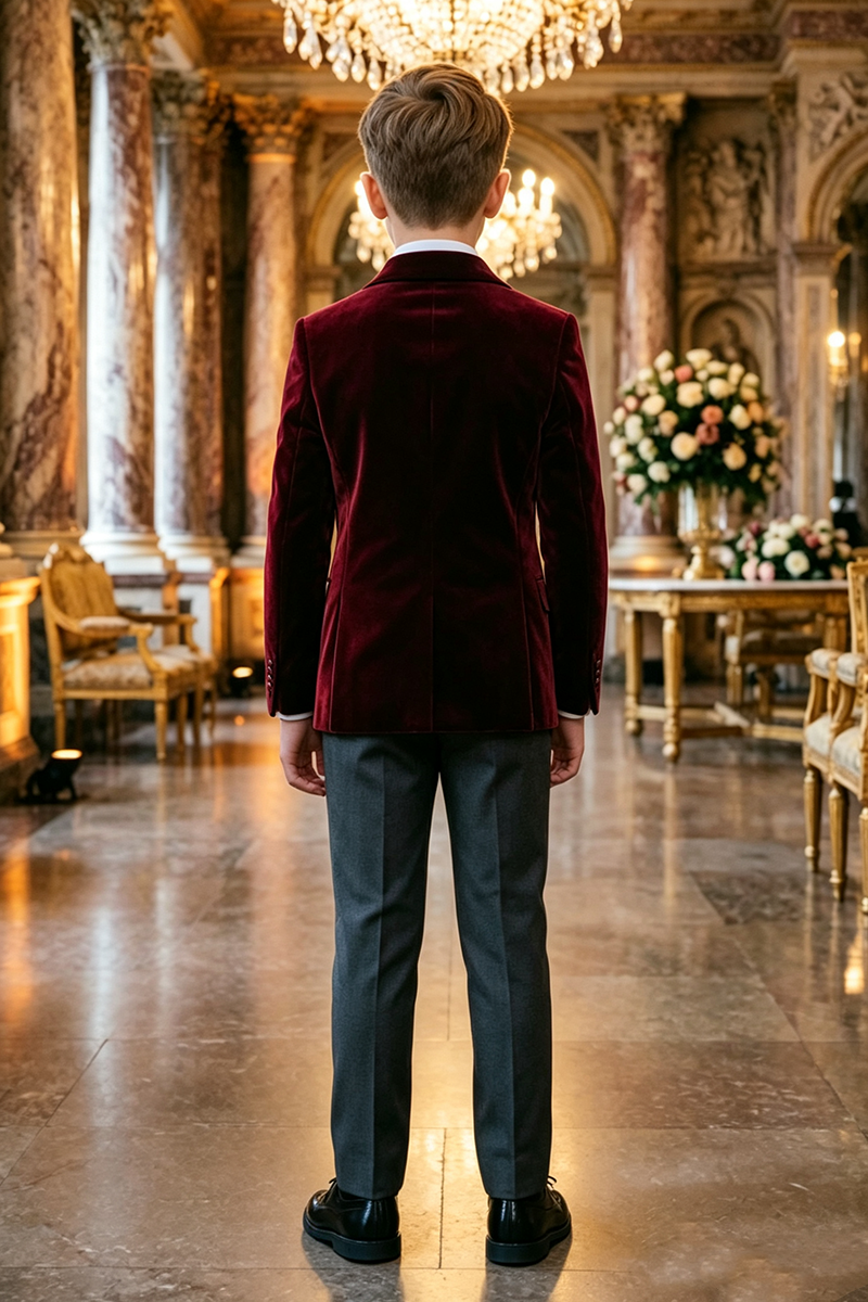 Boys Burgundy Velvet Tuxedo with Satin Shawl Lapel 2‑Piece Suit for Weddings