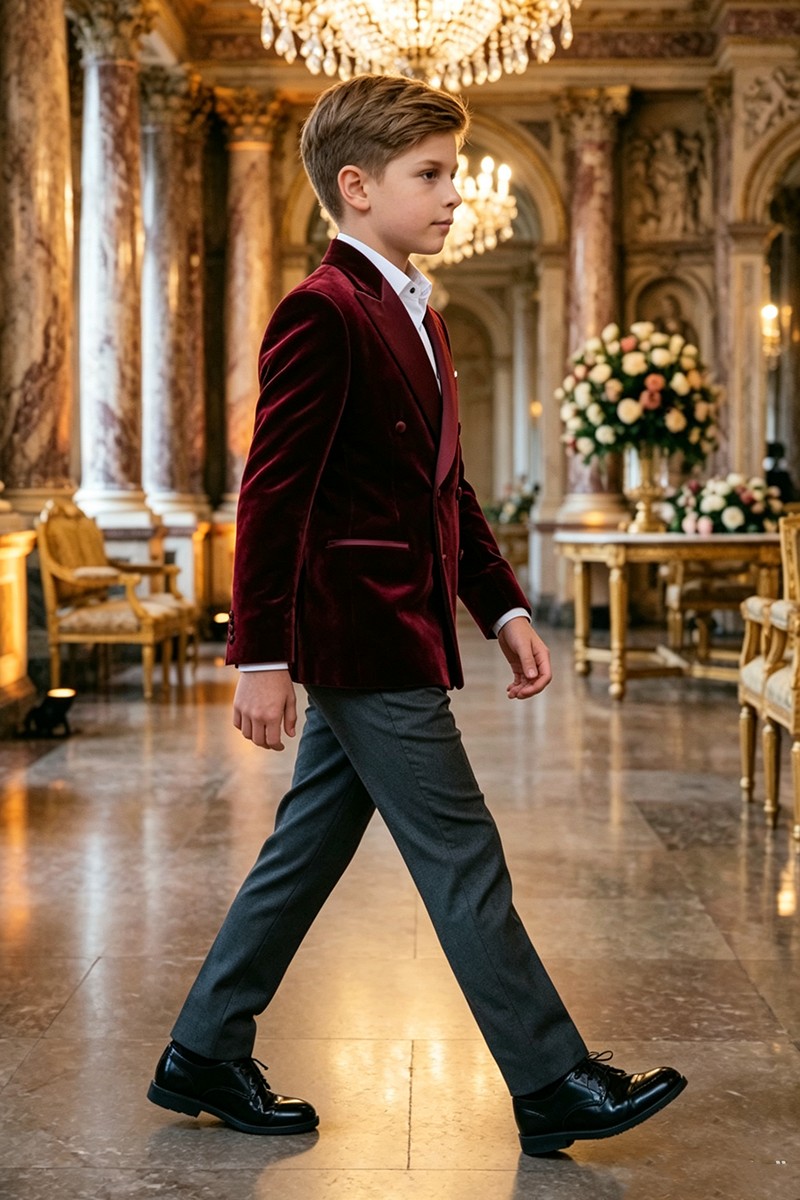 Boys Burgundy Velvet Tuxedo with Satin Shawl Lapel 2‑Piece Suit for Weddings