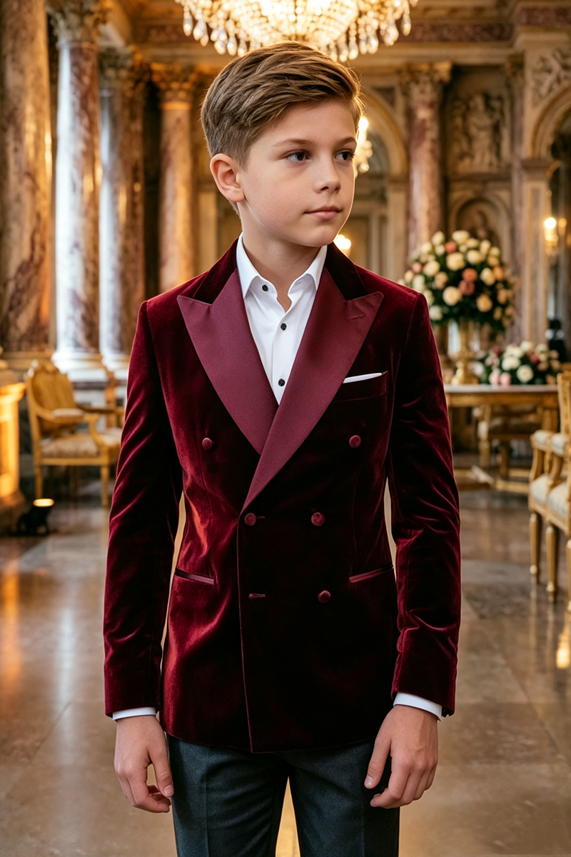 Boys Burgundy Velvet Tuxedo with Satin Shawl Lapel 2‑Piece Suit for Weddings