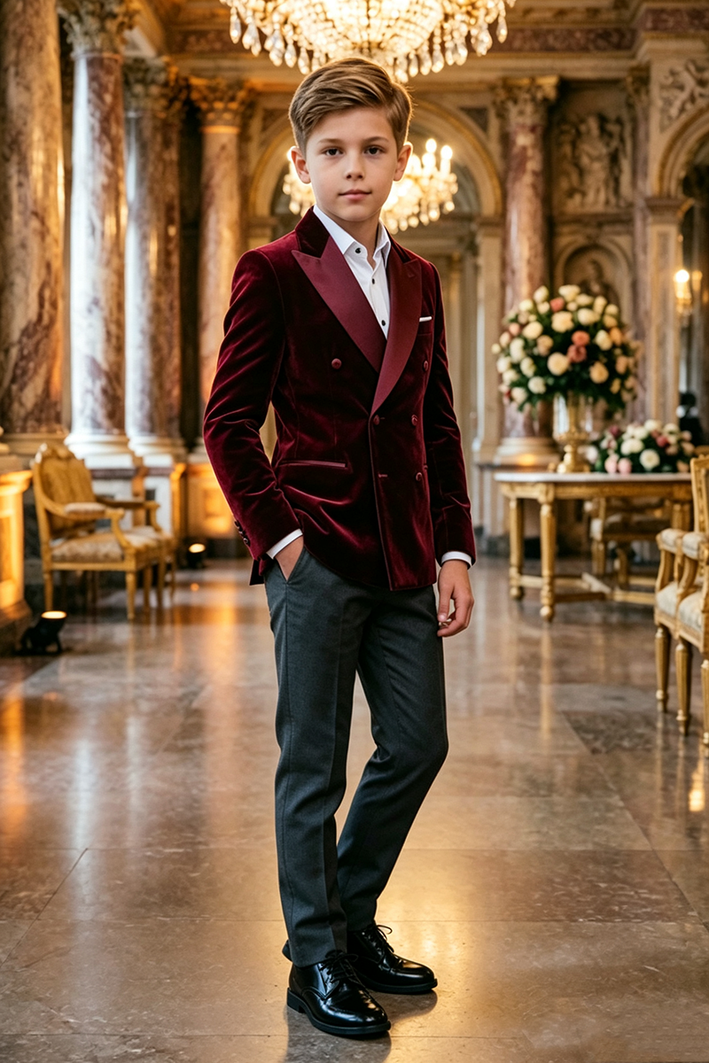 Boys Burgundy Velvet Tuxedo with Satin Shawl Lapel 2‑Piece Suit for Weddings