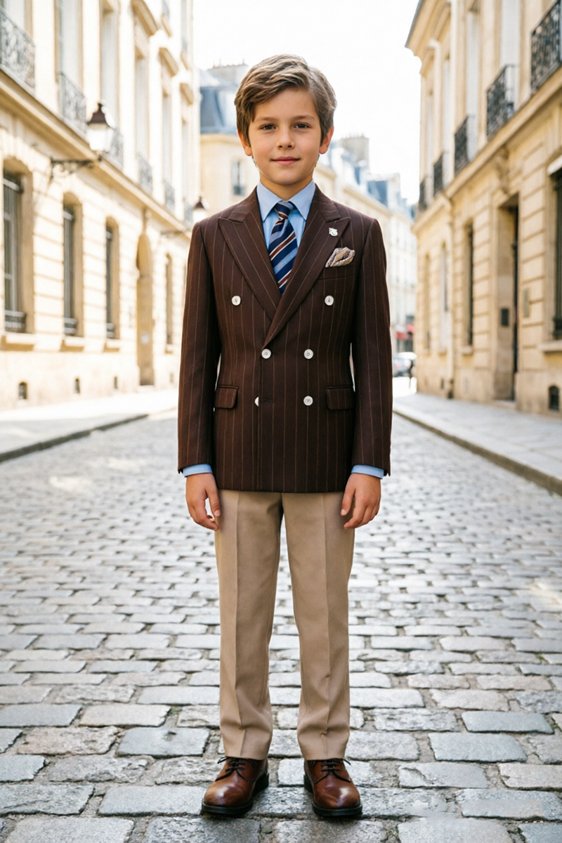 Boys Brown Pinstripe Double‑Breasted Notch Lapel 2‑Piece Suit for Weddings