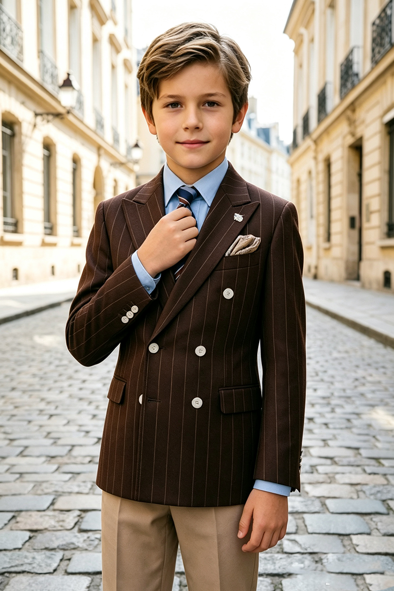Boys Brown Pinstripe Double‑Breasted Notch Lapel 2‑Piece Suit for Weddings