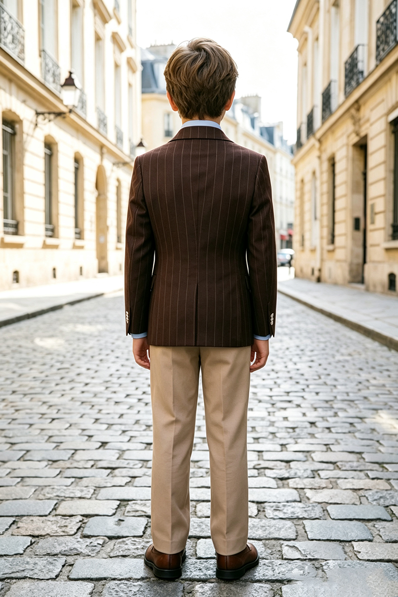 Boys Brown Pinstripe Double‑Breasted Notch Lapel 2‑Piece Suit for Weddings