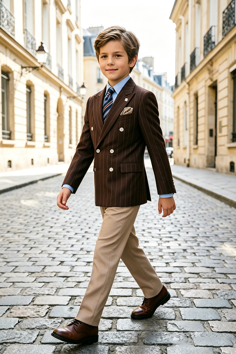 Boys Brown Pinstripe Double‑Breasted Notch Lapel 2‑Piece Suit for Weddings