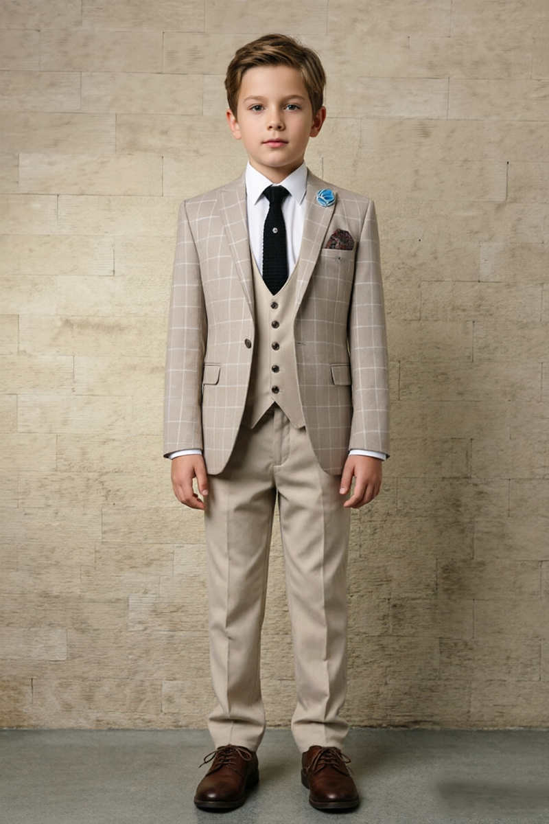 Boys Beige Check with Notch Lapel 3-Piece Suit for Weddings