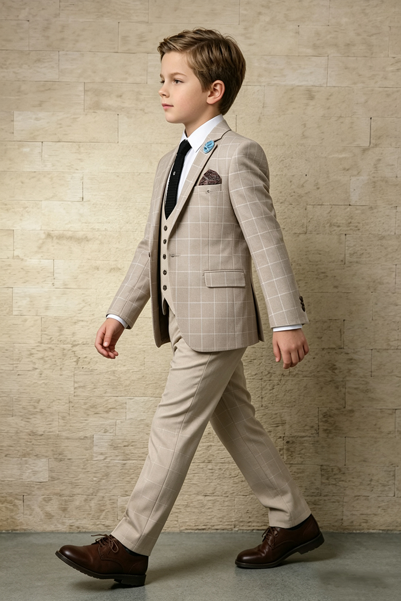 Boys Beige Check with Notch Lapel 3-Piece Suit for Weddings