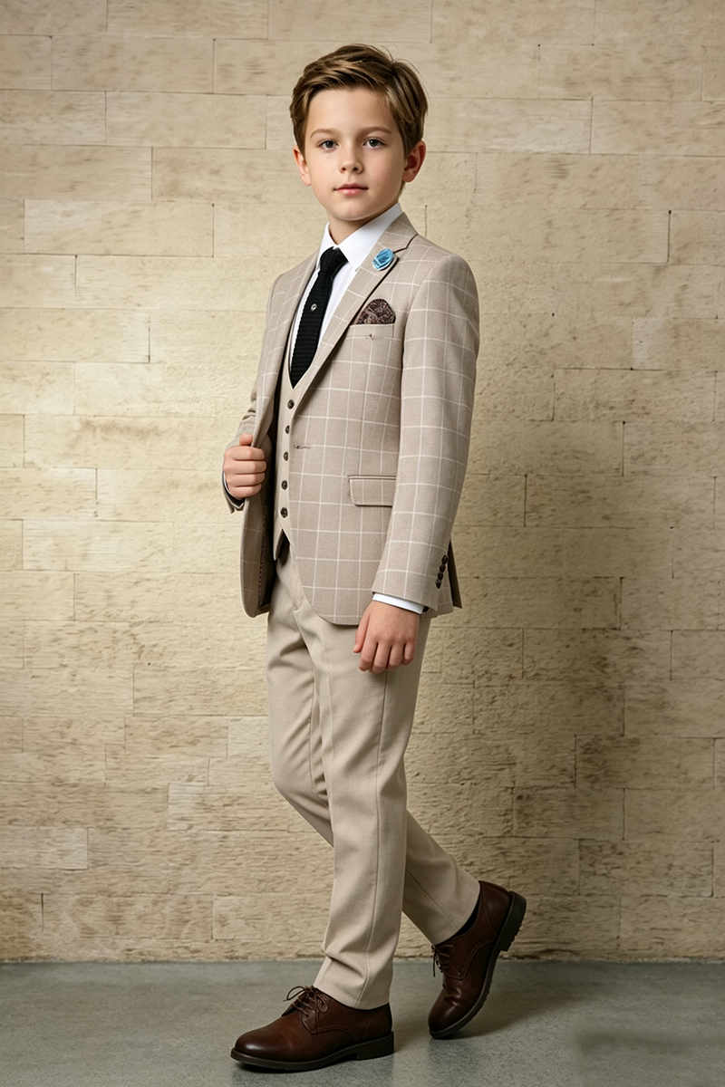 Boys Beige Check with Notch Lapel 3-Piece Suit for Weddings