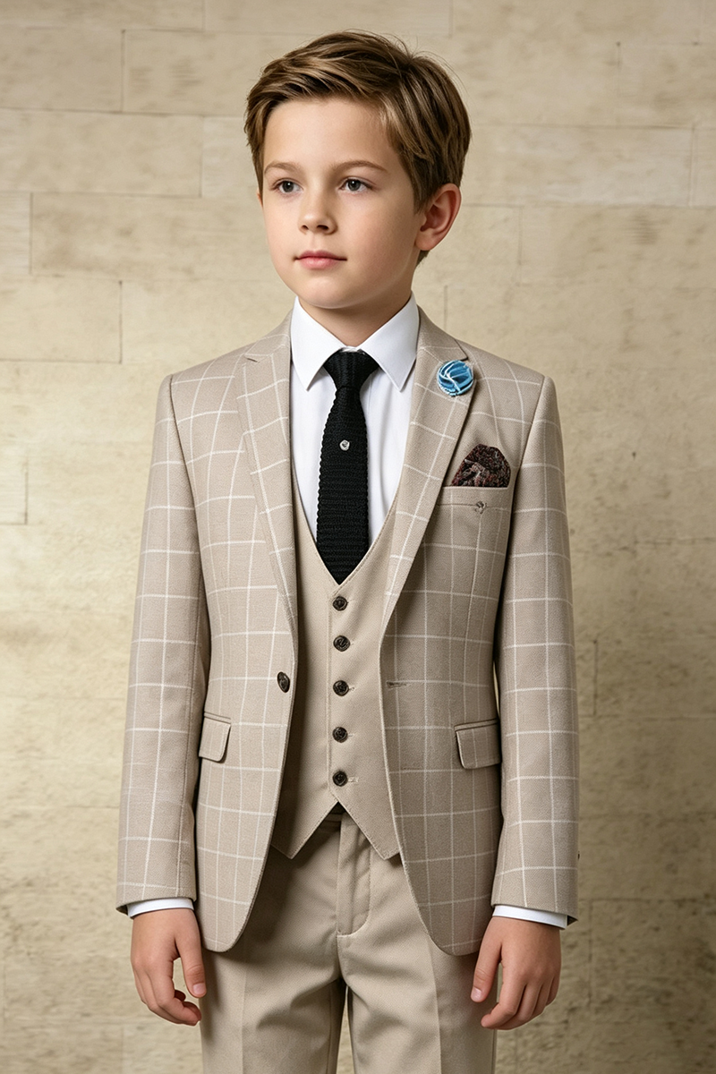 Boys Beige Check with Notch Lapel 3-Piece Suit for Weddings
