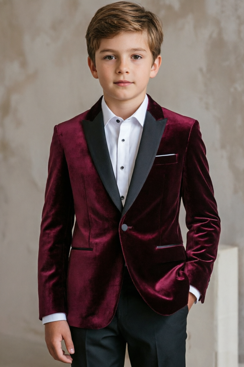 Boys Burgundy Velvet Blazer for Weddings with Contrast Satin Shawl Lapel