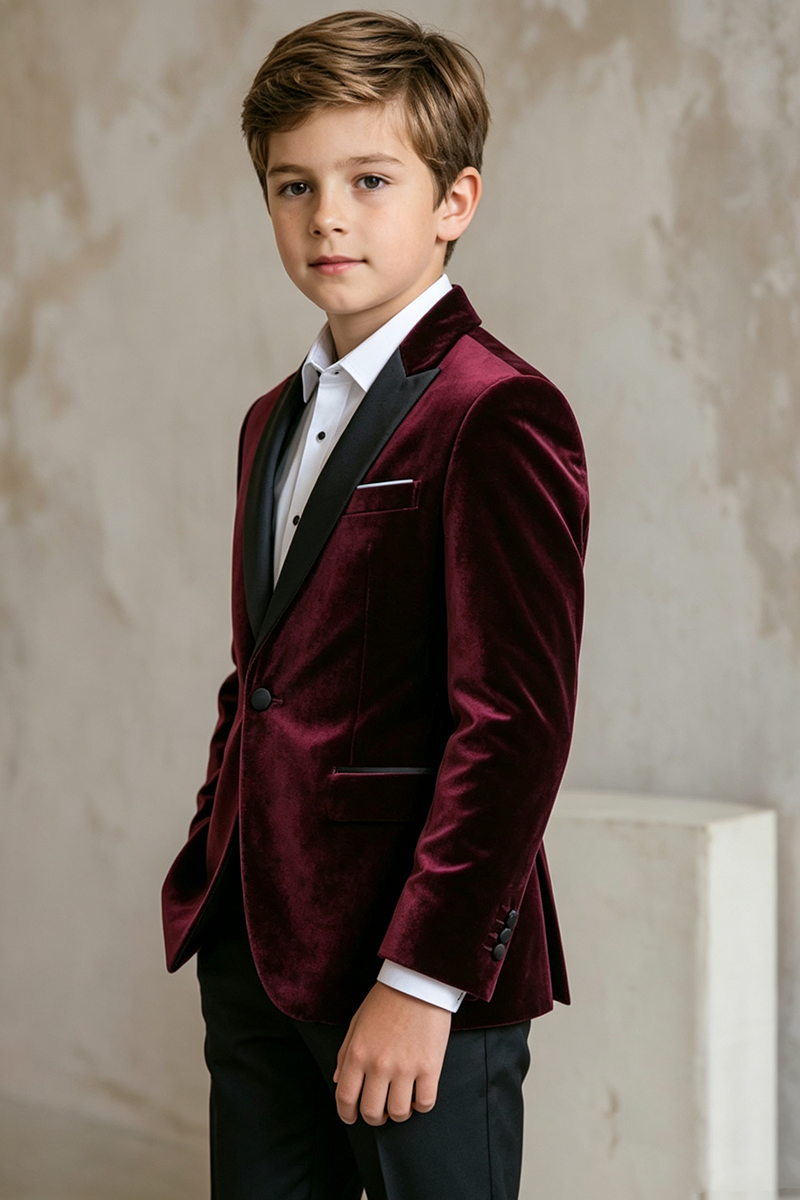 Boys Burgundy Velvet Blazer for Weddings with Contrast Satin Shawl Lapel