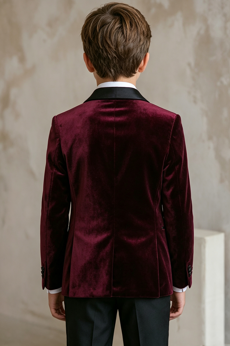 Boys Burgundy Velvet Blazer for Weddings with Contrast Satin Shawl Lapel