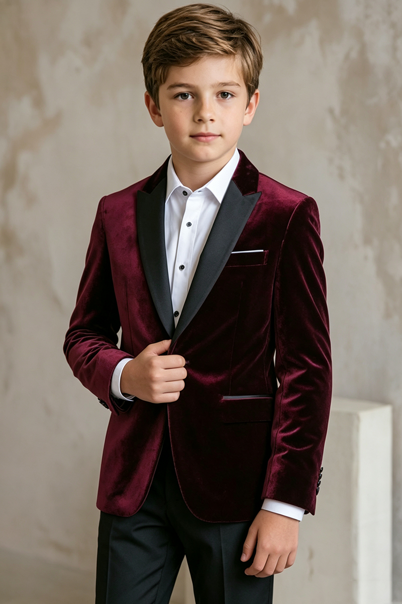 Boys Burgundy Velvet Blazer for Weddings with Contrast Satin Shawl Lapel
