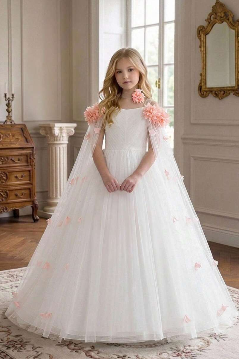 Girls White Tulle Flower Girl Dress for Weddings with Cape Sleeves