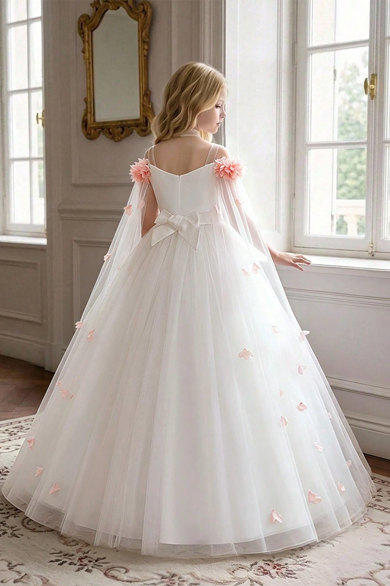 Girls White Tulle Flower Girl Dress for Weddings with Cape Sleeves