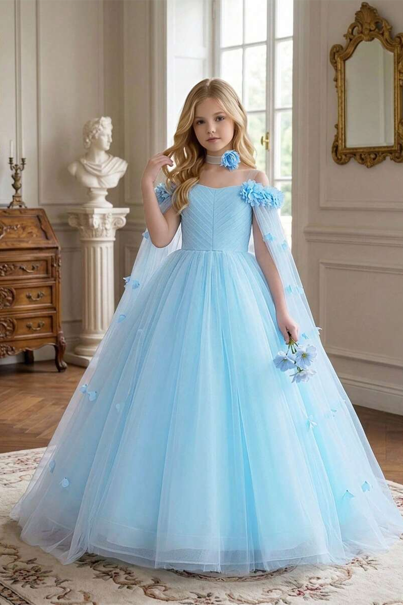 Girls White Tulle Flower Girl Dress for Weddings with Cape Sleeves