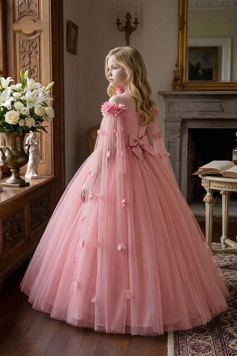 Girls White Tulle Flower Girl Dress for Weddings with Cape Sleeves