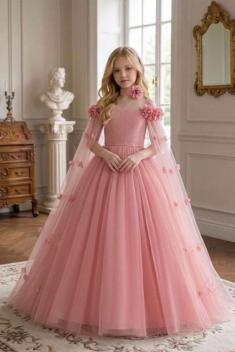 Girls White Tulle Flower Girl Dress for Weddings with Cape Sleeves