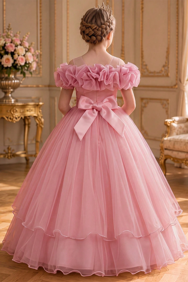 Girls Pink Tulle Flower Girl Dress for Weddings