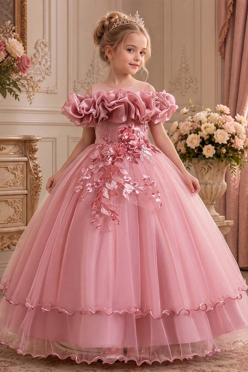 Girls Pink Tulle Flower Girl Dress for Weddings