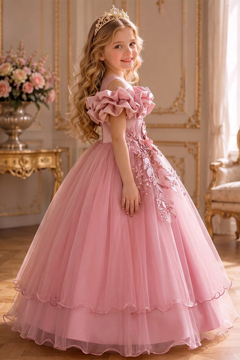 Girls Pink Tulle Flower Girl Dress for Weddings