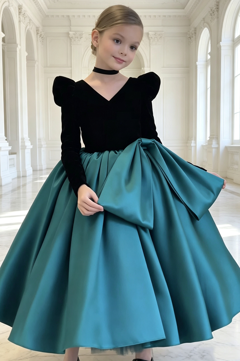 Girls Velvet Satin Ball Gown for Weddings with Puff Long Sleeves and Oversized Bow Detail
