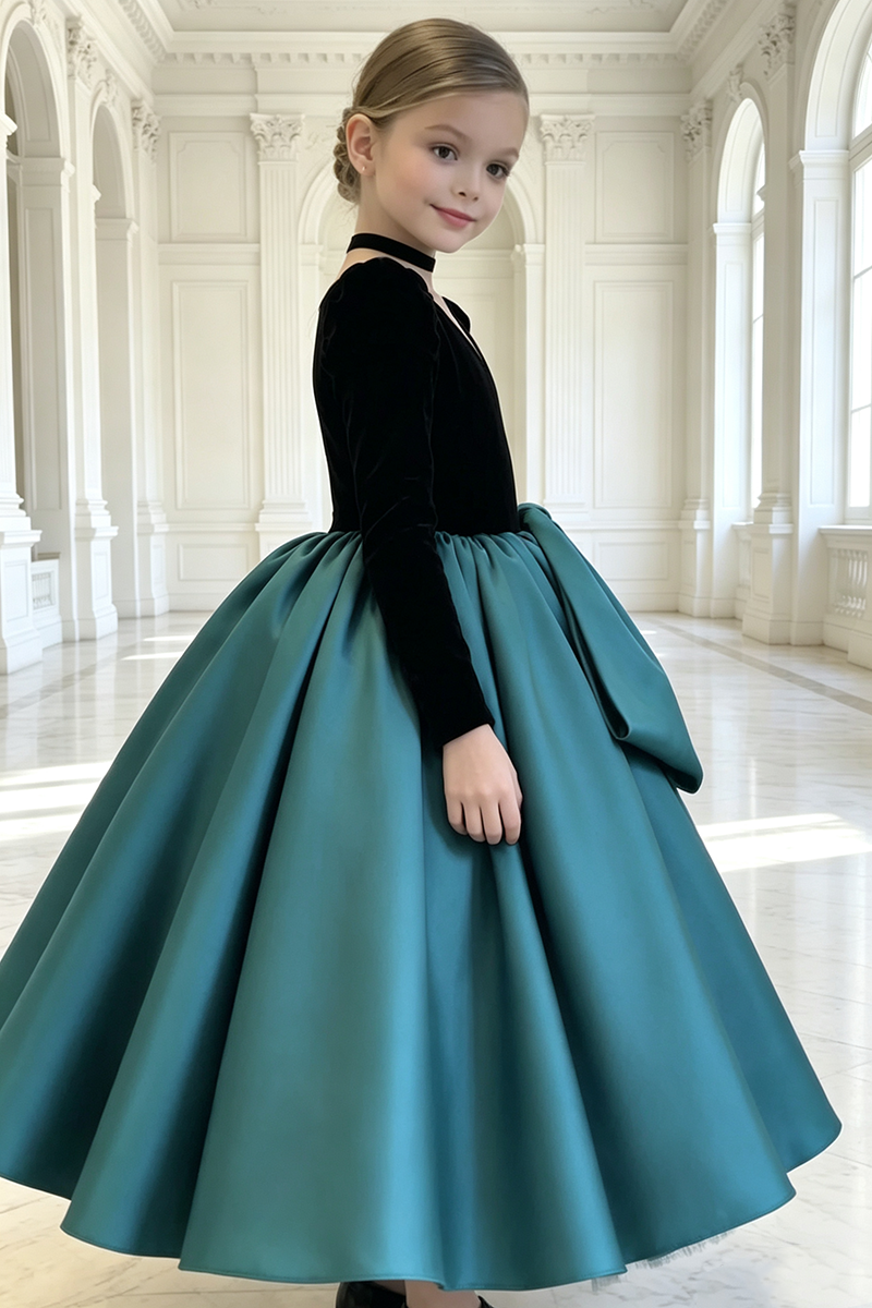 Girls Velvet Satin Ball Gown for Weddings with Puff Long Sleeves and Oversized Bow Detail