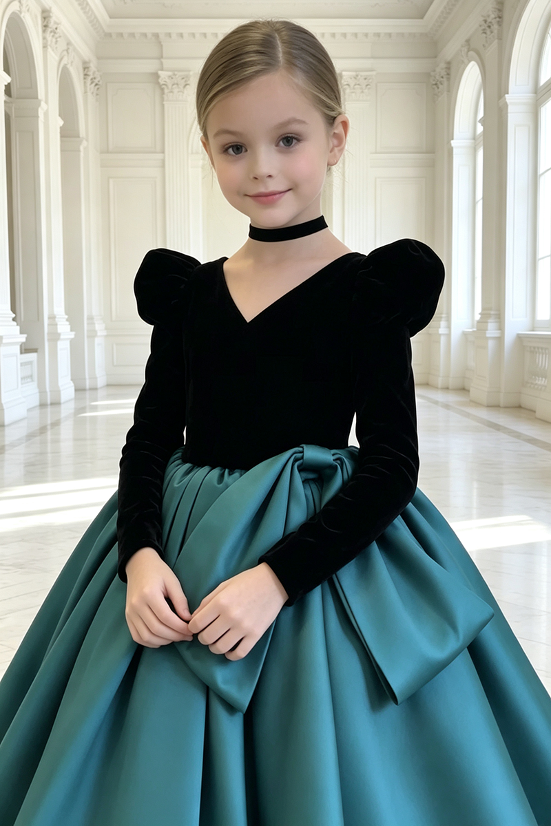 Girls Velvet Satin Ball Gown for Weddings with Puff Long Sleeves and Oversized Bow Detail