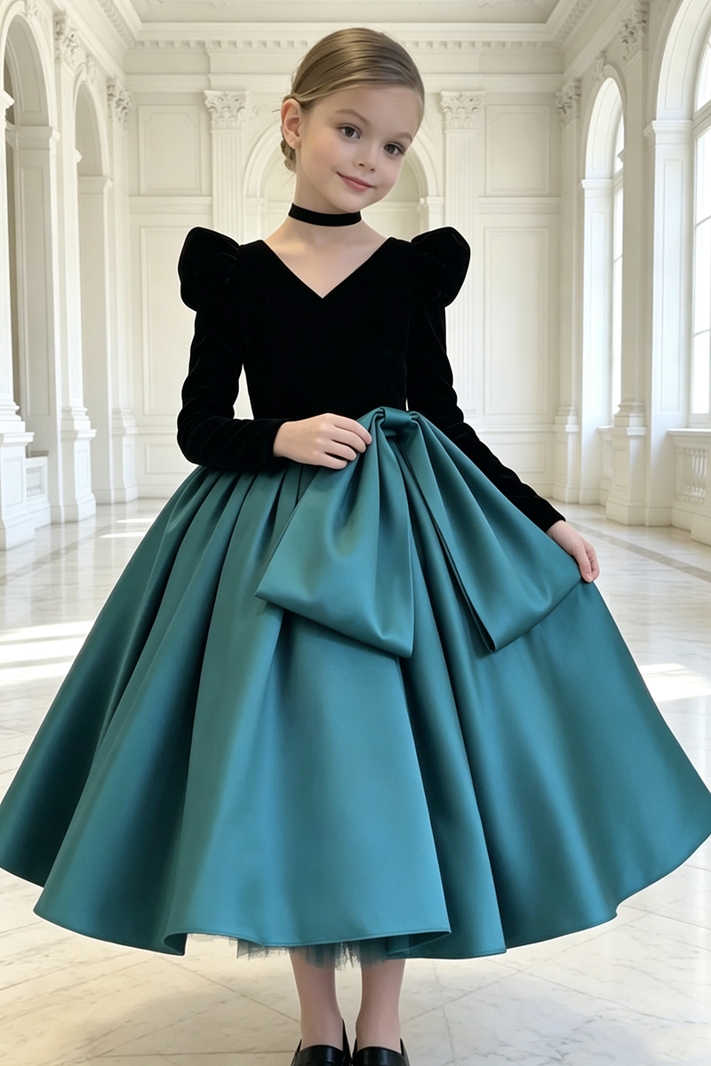 Girls Velvet Satin Ball Gown for Weddings with Puff Long Sleeves and Oversized Bow Detail