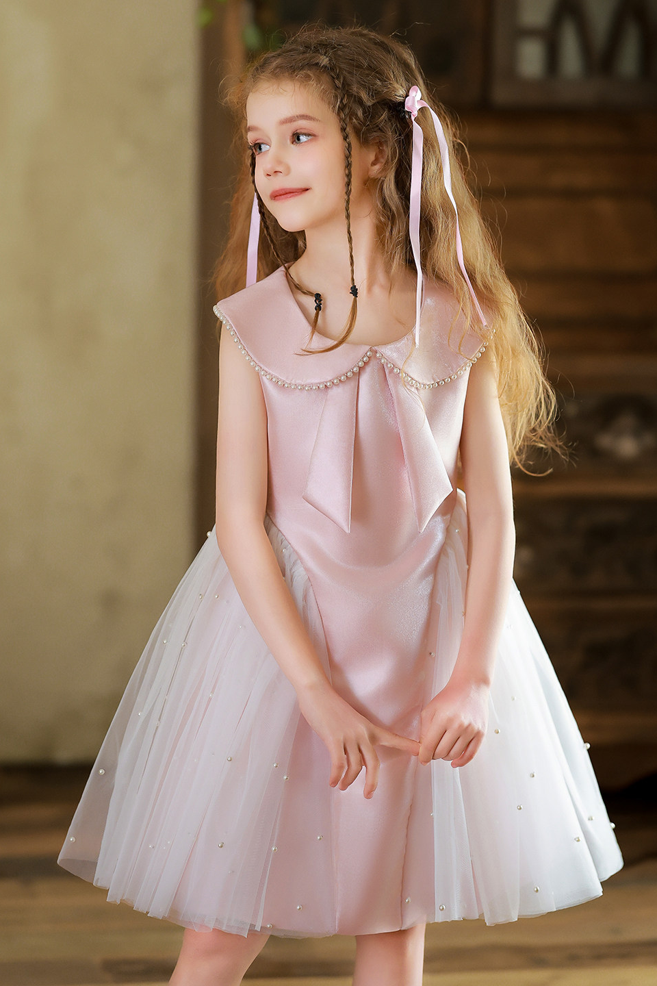 Light Pink Satin Pearl Trim Turn‑Down Collar Tulle A‑Line Formal Dress