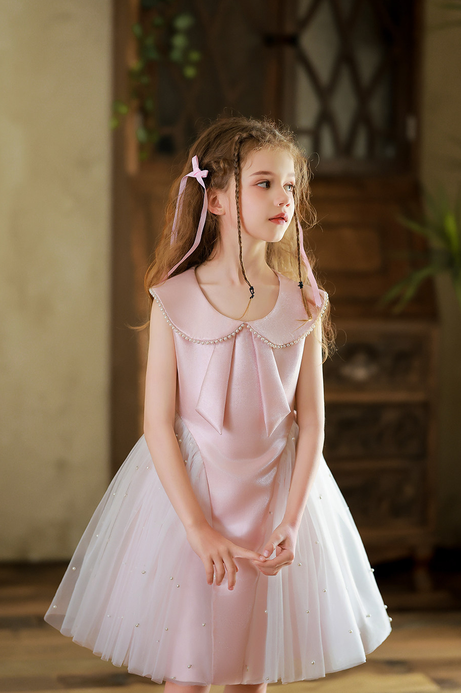 Light Pink Satin Pearl Trim Turn‑Down Collar Tulle A‑Line Formal Dress